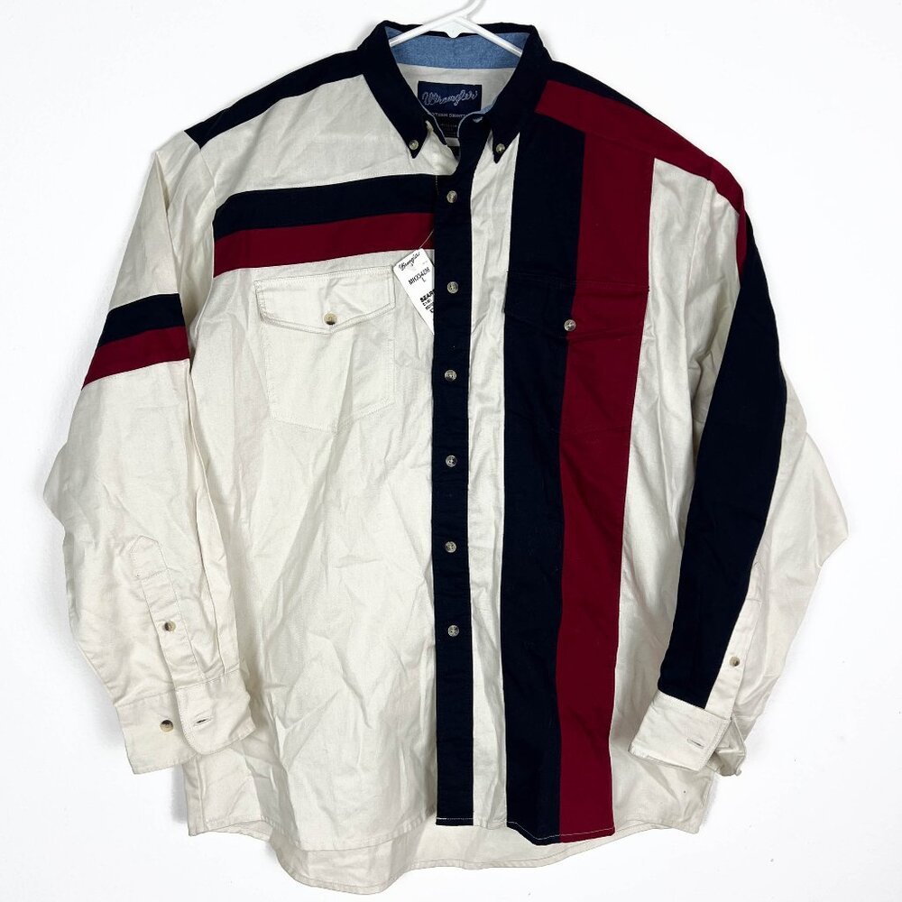 VTG Wrangler Button Down Shirt Mens L Colorblock White Cream Red Blue Western LS